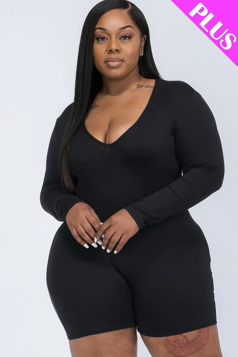 BLACK V-neck Long Sleeve Bodycon Romper Voluptuous (+) Plus SIze - Ships from The US - women's romper at TFC&H Co.