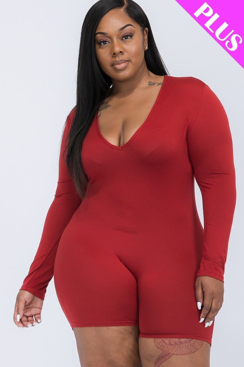 WINERY - V-neck Long Sleeve Bodycon Romper Voluptuous (+) Plus SIze - Ships from The US - womens romper at TFC&H Co.