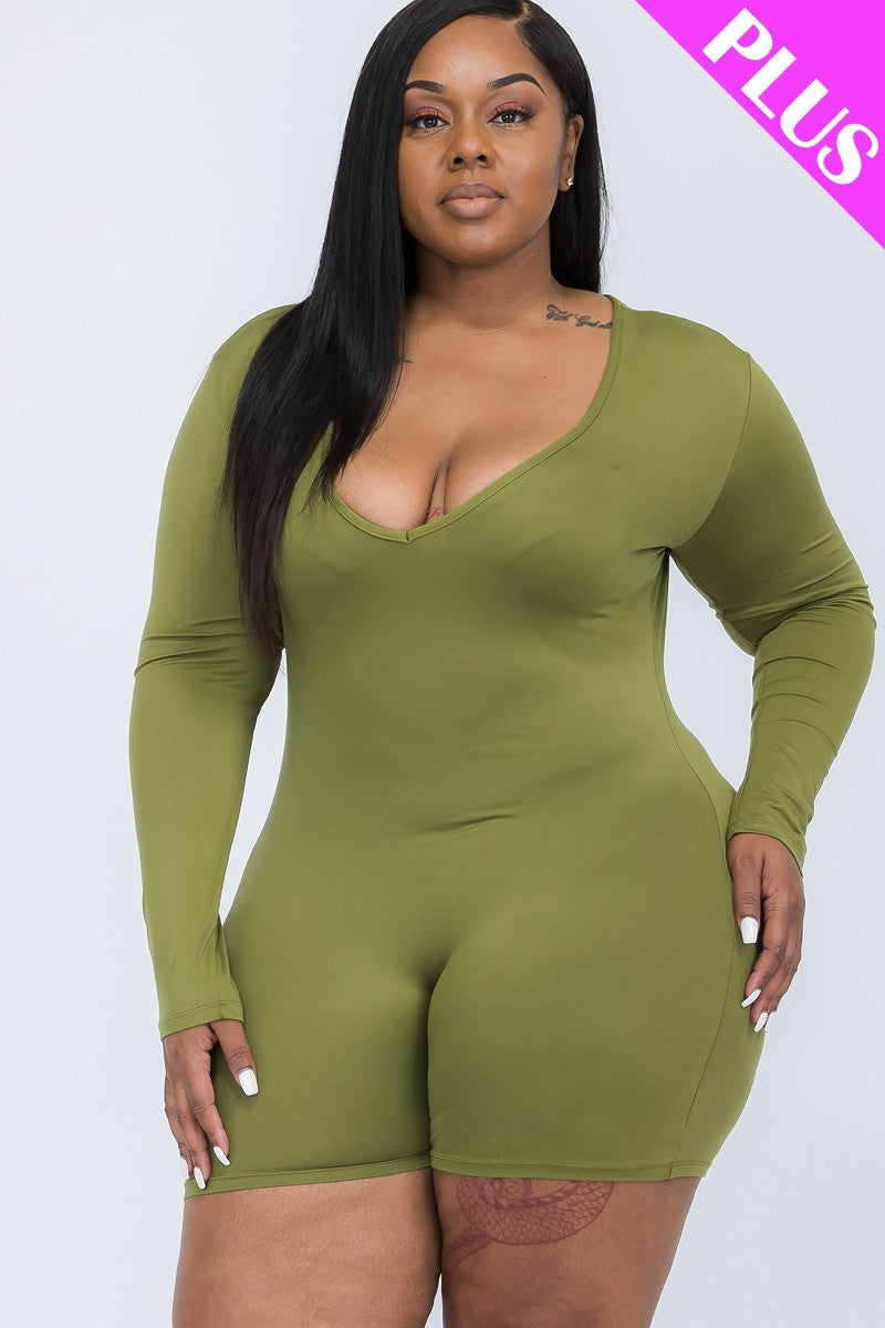 V-neck Long Sleeve Bodycon Romper Voluptuous (+) Plus SIze - Ships from The US - women's romper at TFC&H Co.