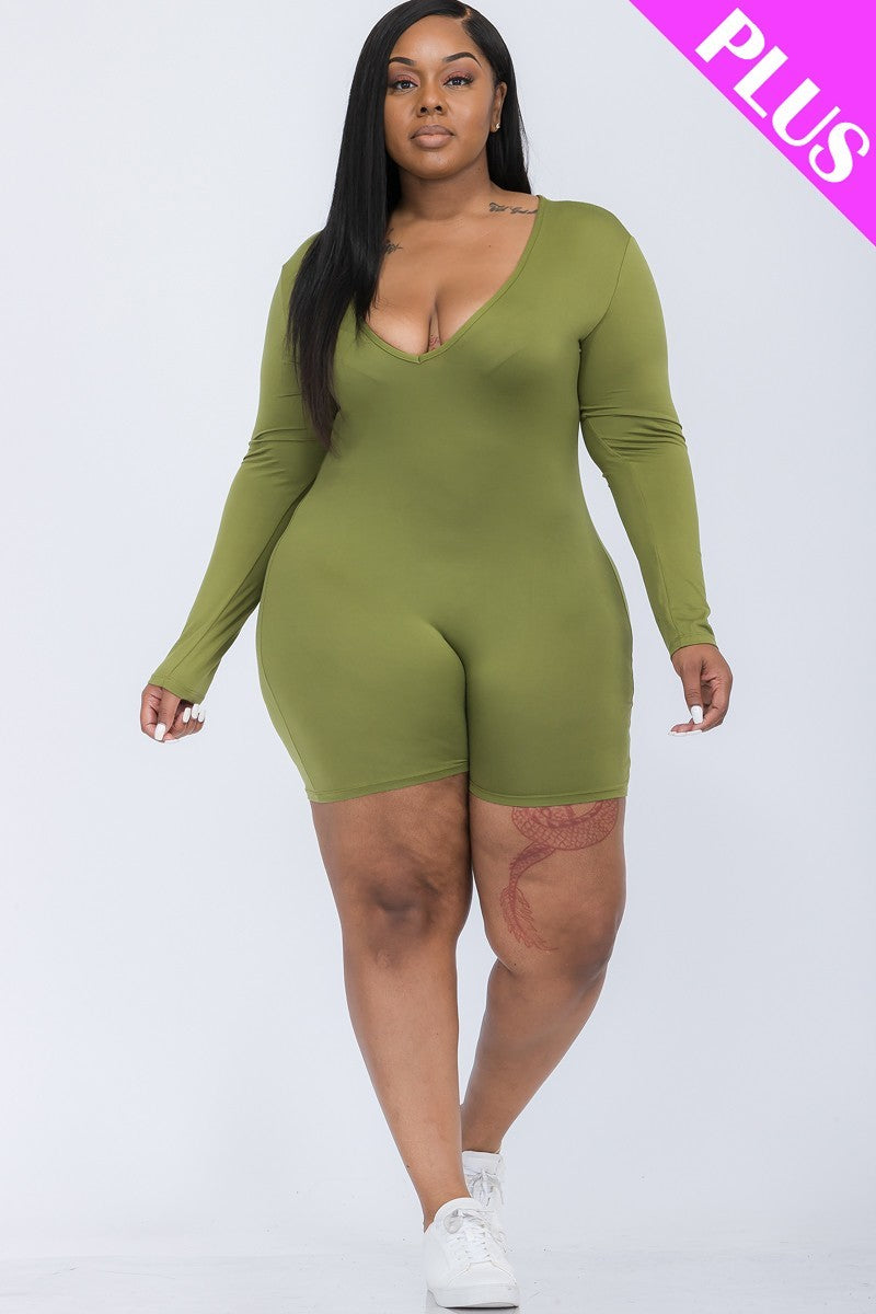 OLIVE BRANCH - V-neck Long Sleeve Bodycon Romper Voluptuous (+) Plus SIze - Ships from The US - womens romper at TFC&H Co.