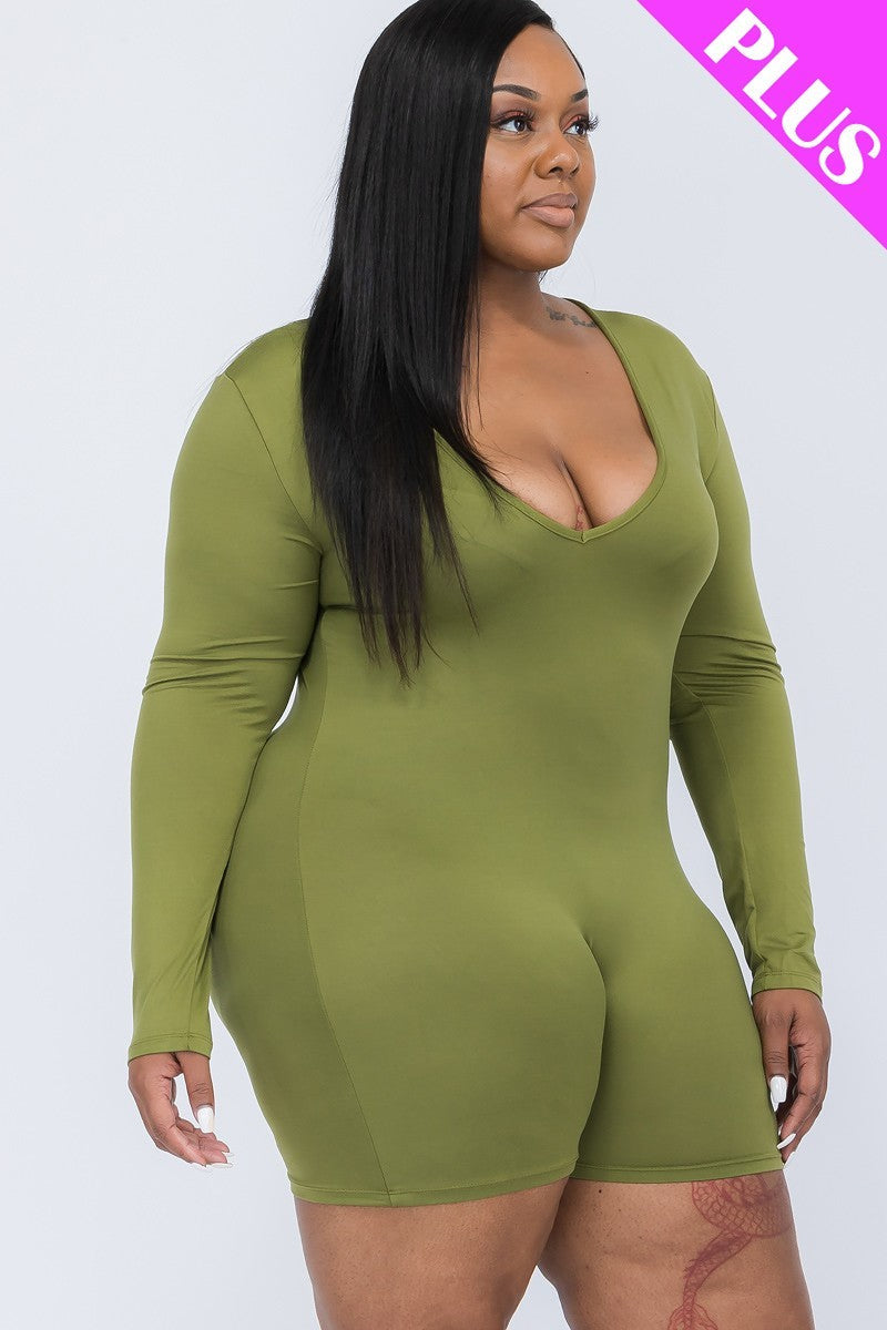 V-neck Long Sleeve Bodycon Romper Voluptuous (+) Plus SIze - Ships from The US - women's romper at TFC&H Co.
