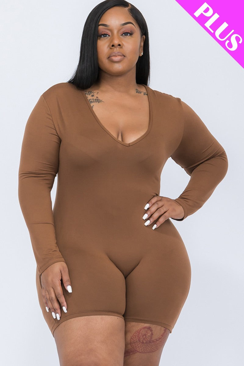 BROWN SUGAR V-neck Long Sleeve Bodycon Romper Voluptuous (+) Plus Size - Ships from The US - women's romper at TFC&H Co.