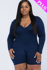 NAVY V-neck Long Sleeve Bodycon Romper Voluptuous (+) Plus Size - Ships from The US - women's romper at TFC&H Co.