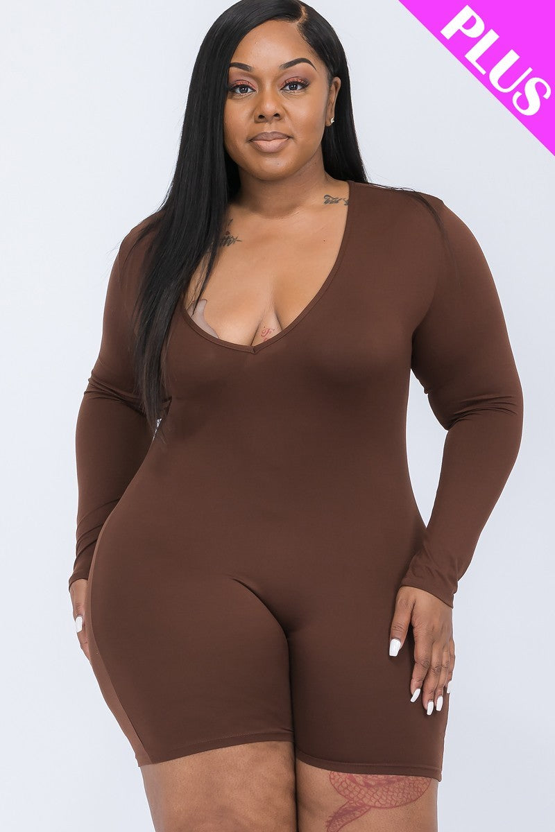 COFFEE V-neck Long Sleeve Bodycon Romper Voluptuous (+) Plus Size - Ships from The US - women's romper at TFC&H Co.