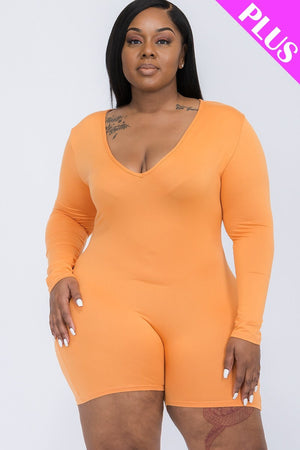 ORANGE PEPPER V-neck Long Sleeve Bodycon Romper Voluptuous (+) Plus Size - Ships from The US - women's romper at TFC&H Co.