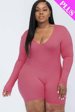 DARK MAUVE V-neck Long Sleeve Bodycon Romper Voluptuous (+) Plus Size - Ships from The US - women's romper at TFC&H Co.