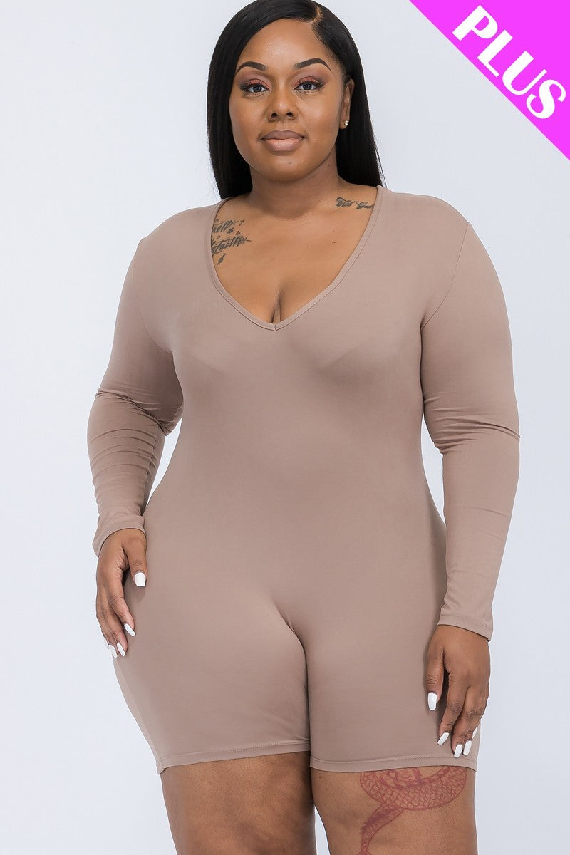 TAUPE GREY - V-neck Long Sleeve Bodycon Romper Voluptuous (+) Plus Size - Ships from The US - womens romper at TFC&H Co.