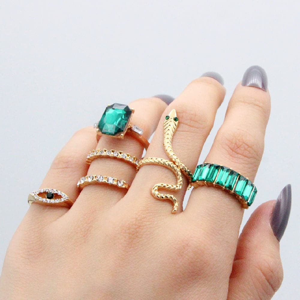 Vintage Faux Diamond Emerald Serpentine 6-Piece Ring Set - rings at TFC&H Co.
