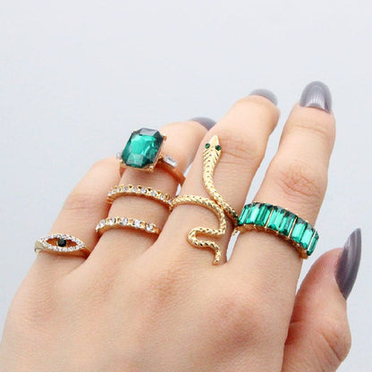 Vintage Faux Diamond Emerald Serpentine 6-Piece Ring Set - rings at TFC&H Co.