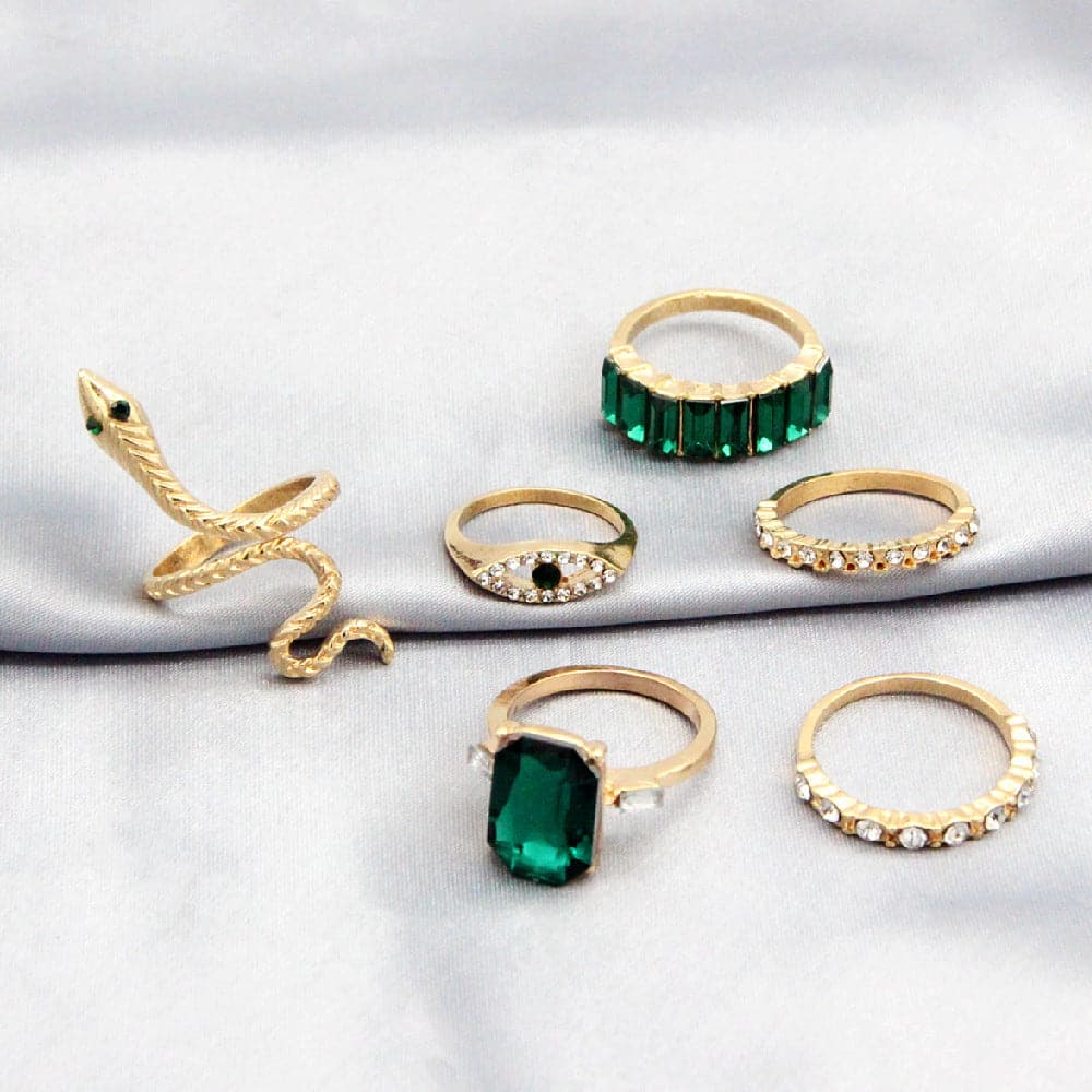 - Vintage Faux Diamond Emerald Serpentine 6-Piece Ring Set - rings at TFC&H Co.