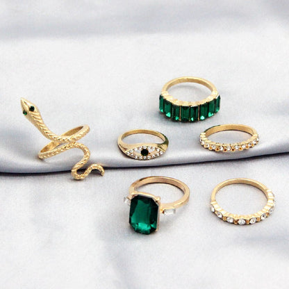 Vintage Faux Diamond Emerald Serpentine 6-Piece Ring Set - rings at TFC&H Co.