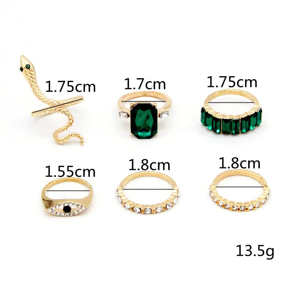 - Vintage Faux Diamond Emerald Serpentine 6-Piece Ring Set - rings at TFC&H Co.