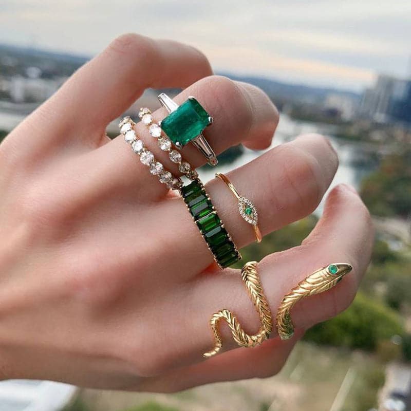 Vintage Faux Diamond Emerald Serpentine 6-Piece Ring Set - rings at TFC&H Co.
