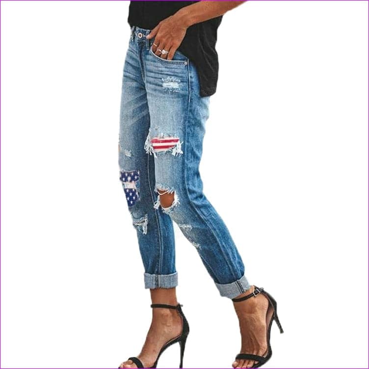Blue - Vintage Stars and the Stripes Distressed Ripped Patch Jeans - womens jeans at TFC&H Co.