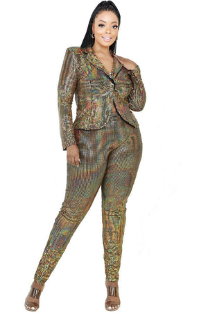 GOLD - Voluptuous (+) Plus Disco Metallic Sequins 2 Piece Set - Ships from The US - womens top & pants set at TFC&H Co.