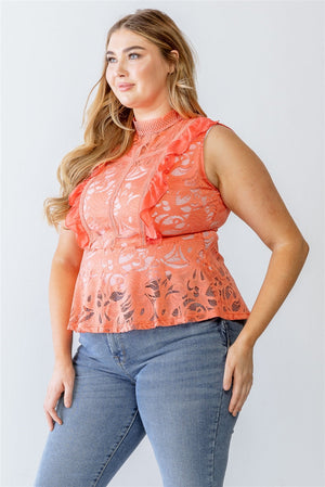 - Voluptuous (+) Plus Lace Mesh Ruffle Detail Sleeveless Flare Hem Top - Ships from The US - womens shirt at TFC&H Co.