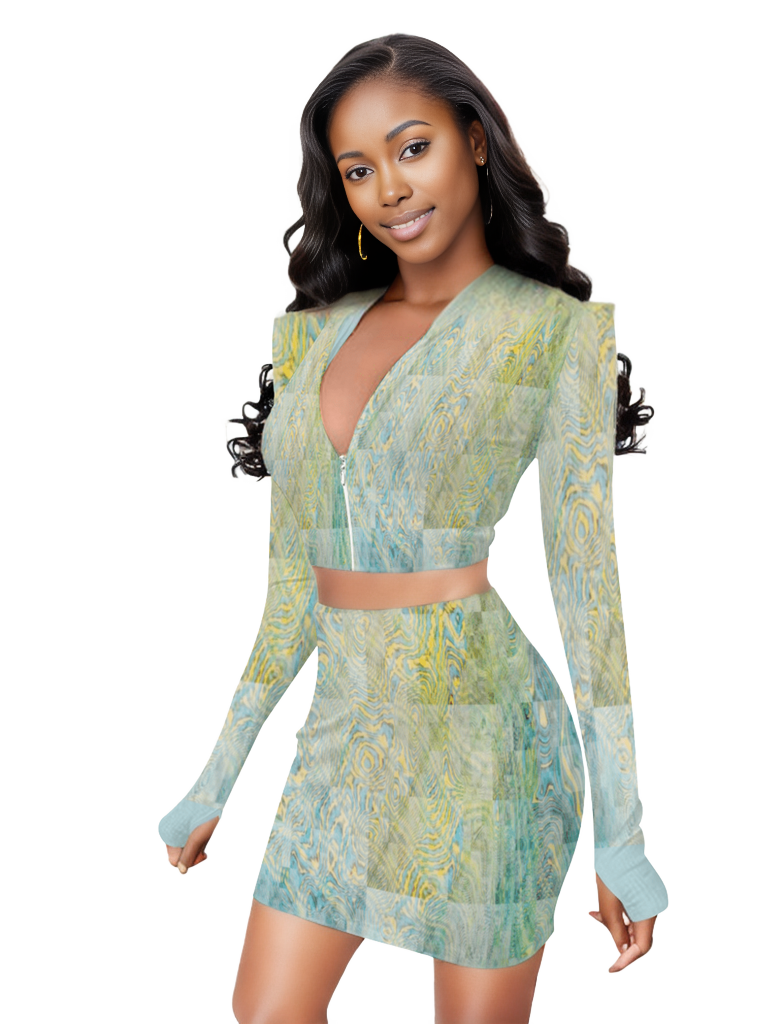 Washed Women's Two Piece Outfits Long Sleeve Zip Up Top and Short Skirt Set - women's top & skirt set at TFC&H Co.