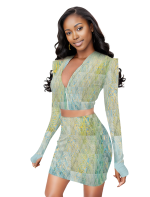- Washed Women's Two Piece Outfits Long Sleeve Zip Up Top and Short Skirt Set - womens top & skirt set at TFC&H Co.