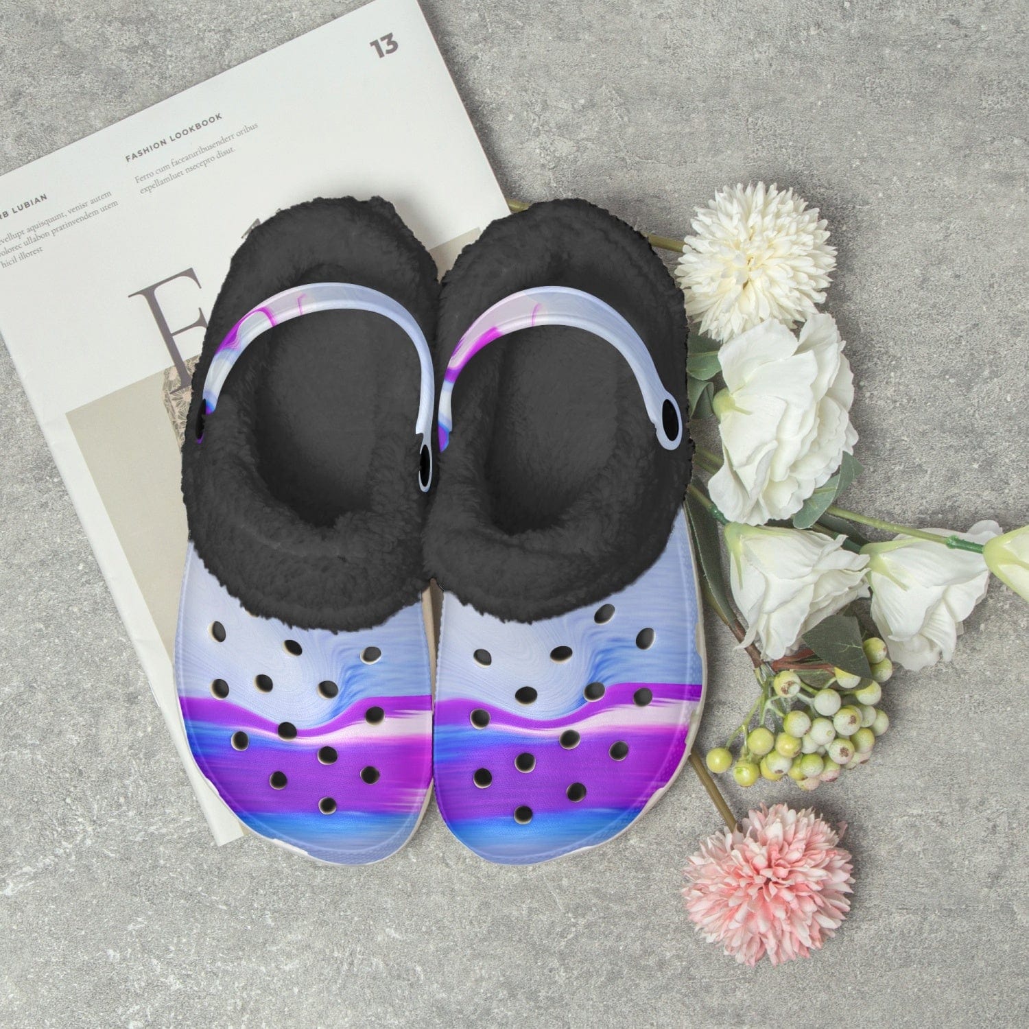 Black - Water Color Fluff Lined Clogs - womens clogs at TFC&H Co.