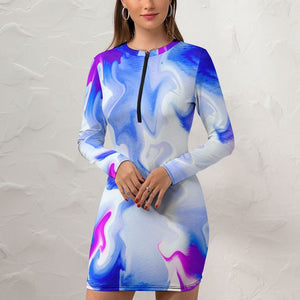 - Water Color Women's Zipper Long Sleeve Hip Dress - womens dress at TFC&H Co.