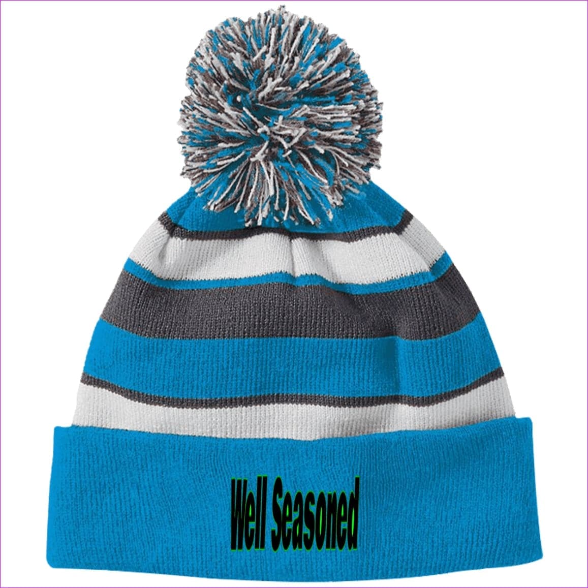 Bright Blue/White One Size Well Seasoned Embroidered Holloway Striped Beanie with Pom - Hats at TFC&H Co.
