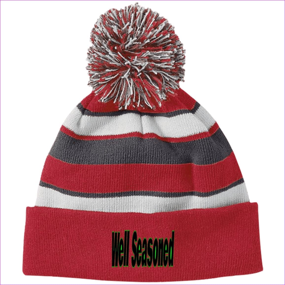 Scarlet/White One Size Well Seasoned Embroidered Holloway Striped Beanie with Pom - Hats at TFC&H Co.