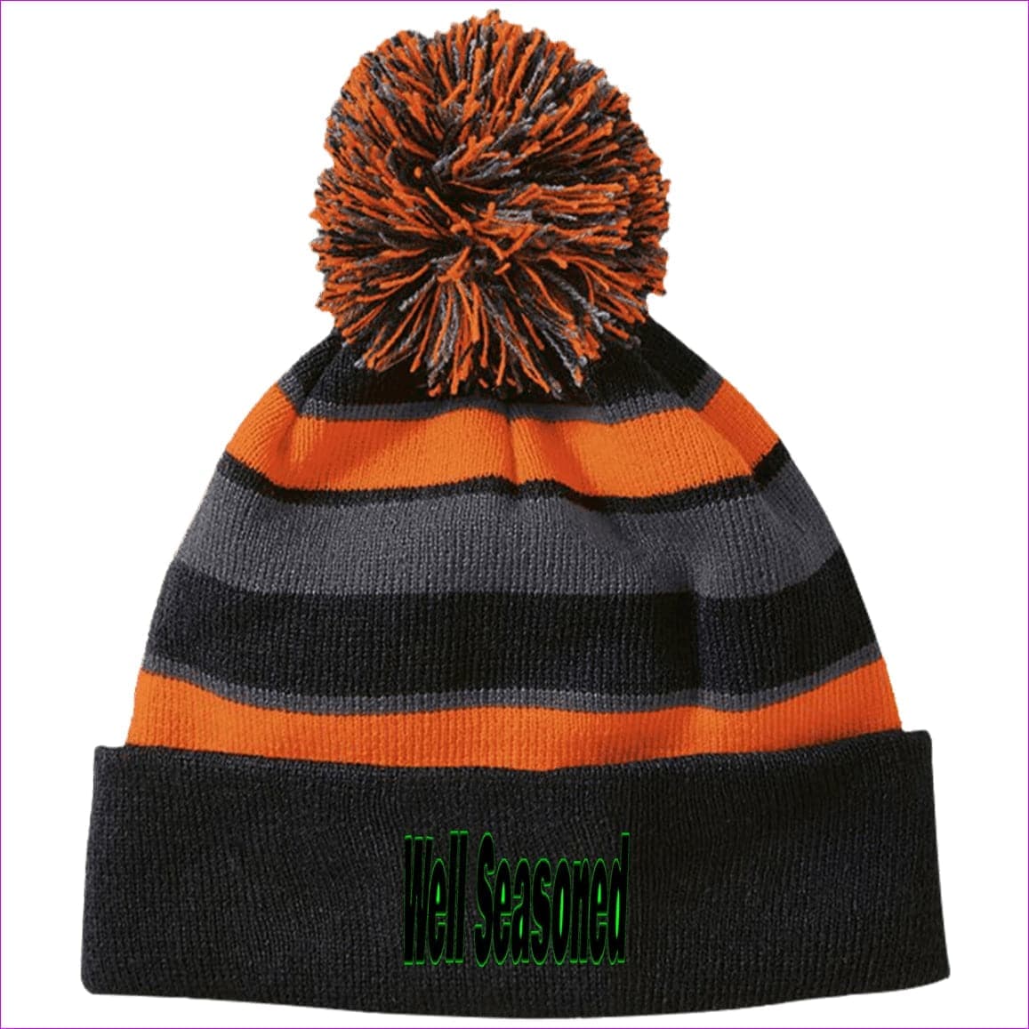 Black/Orange One Size Well Seasoned Embroidered Holloway Striped Beanie with Pom - Hats at TFC&H Co.