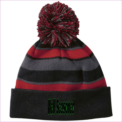 Black/Scarlet One Size Well Seasoned Embroidered Holloway Striped Beanie with Pom - Hats at TFC&H Co.