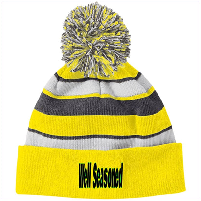 Bright Yellow/White One Size Well Seasoned Embroidered Holloway Striped Beanie with Pom - Hats at TFC&H Co.