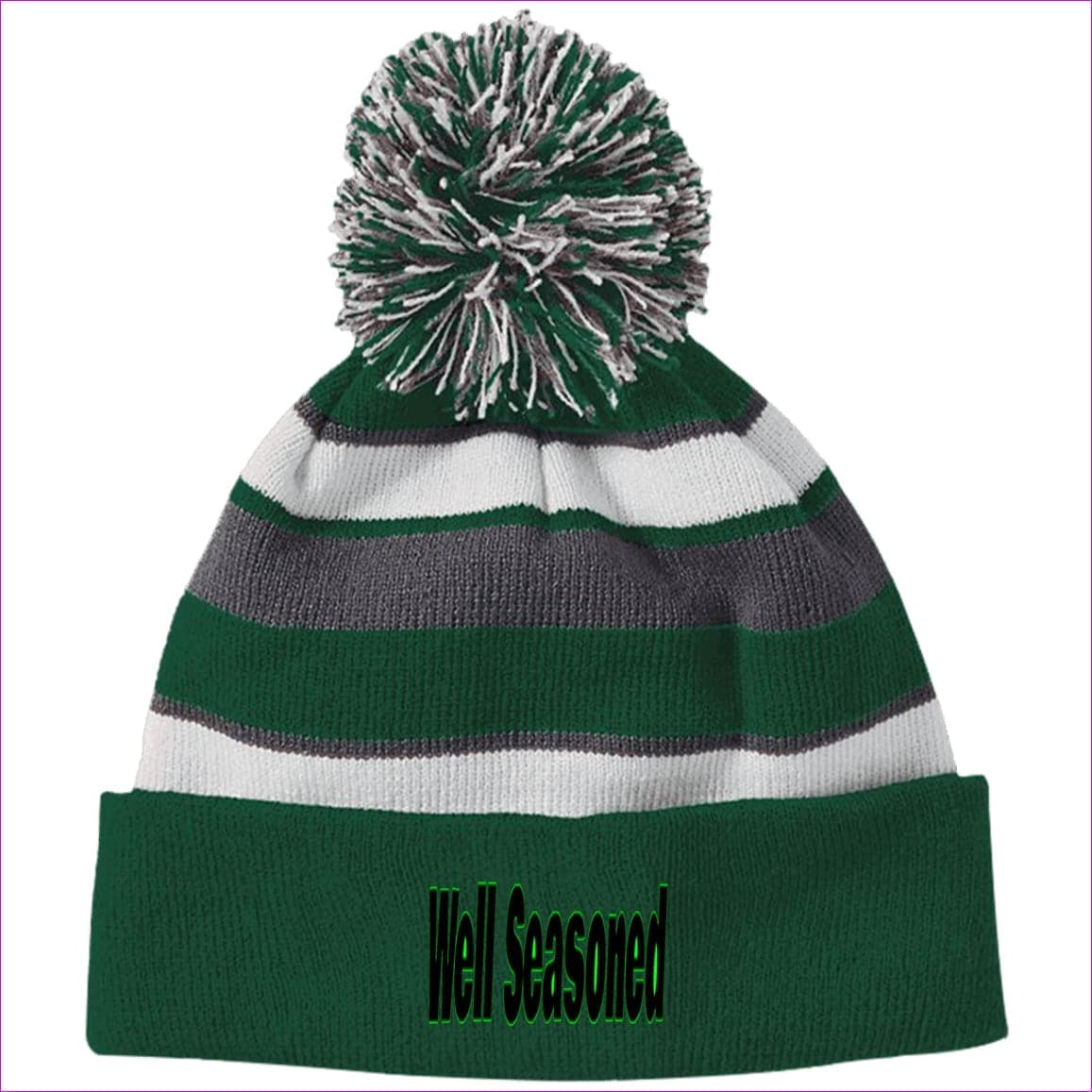 Forest/White One Size Well Seasoned Embroidered Holloway Striped Beanie with Pom - Hats at TFC&H Co.