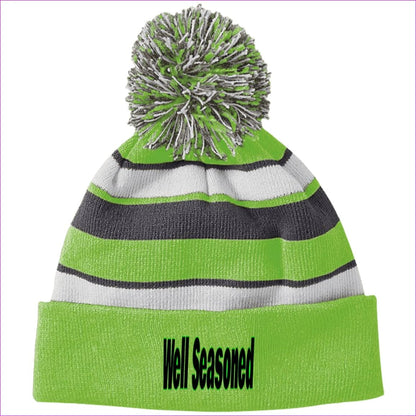 Lime/White One Size Well Seasoned Embroidered Holloway Striped Beanie with Pom - Hats at TFC&H Co.