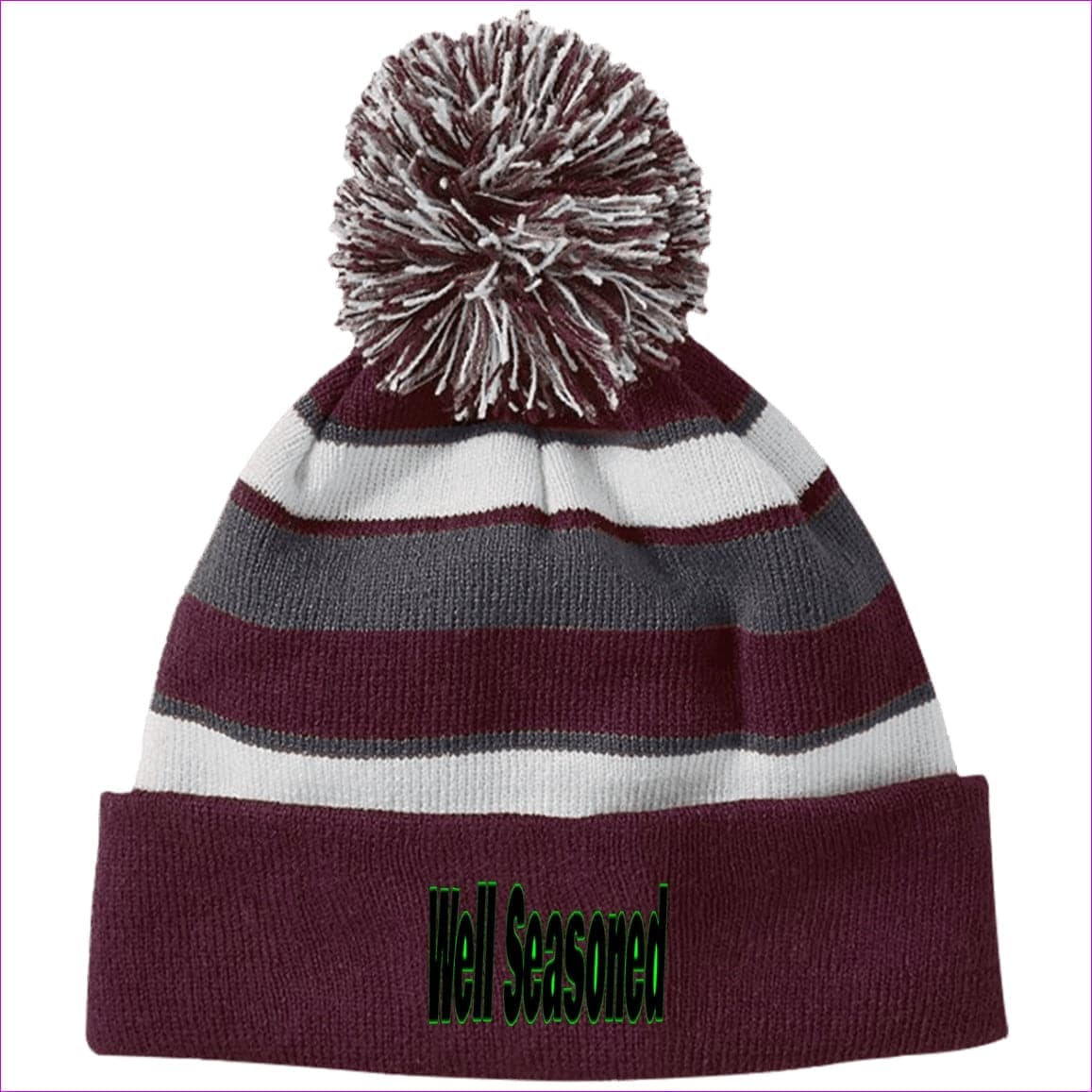 Maroon/White One Size Well Seasoned Embroidered Holloway Striped Beanie with Pom - Hats at TFC&H Co.