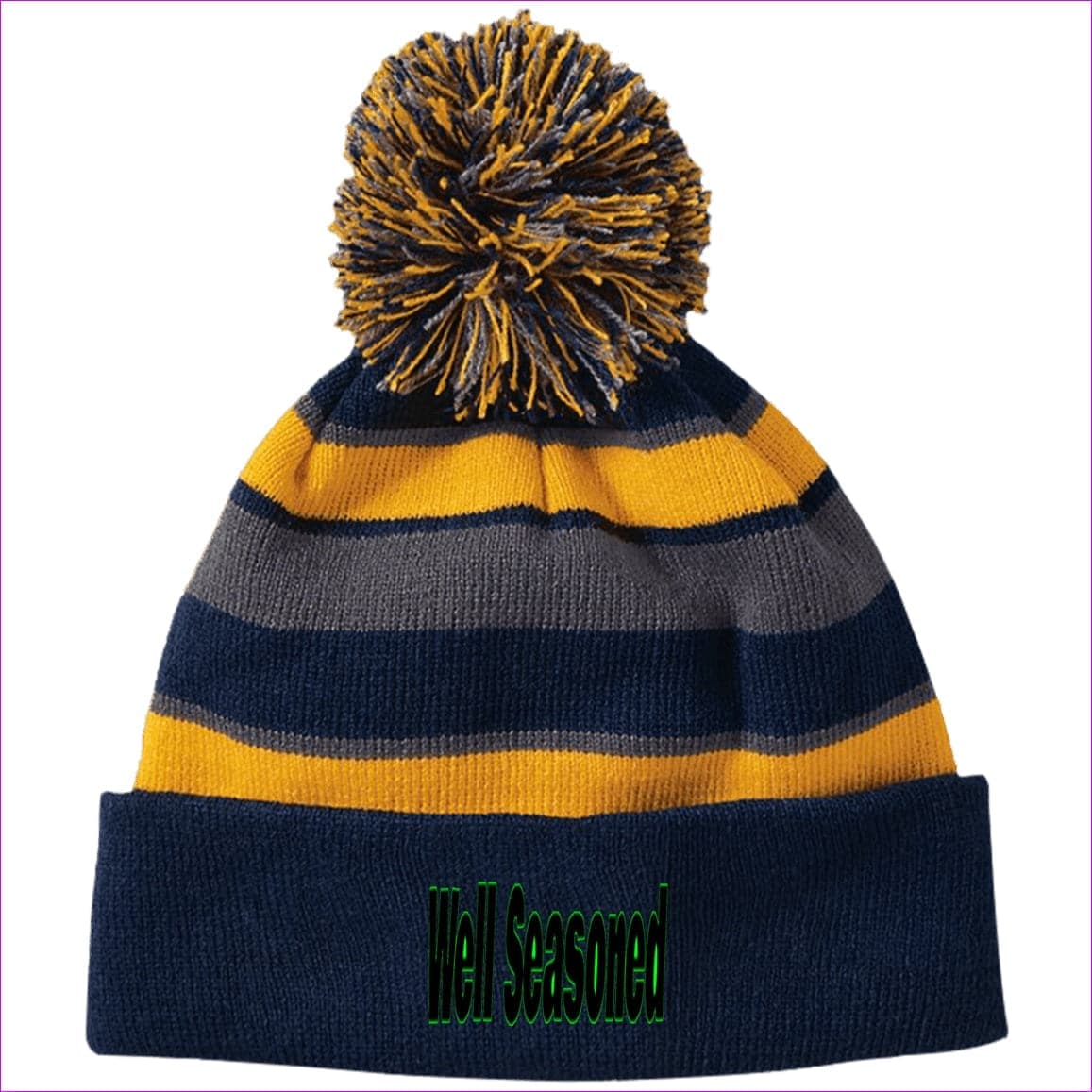 Navy/Light Gold One Size Well Seasoned Embroidered Holloway Striped Beanie with Pom - Hats at TFC&H Co.