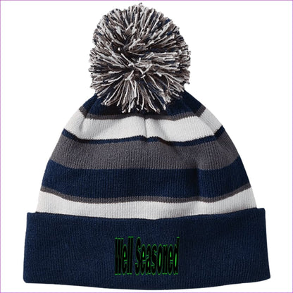 Navy/White One Size Well Seasoned Embroidered Holloway Striped Beanie with Pom - Hats at TFC&H Co.