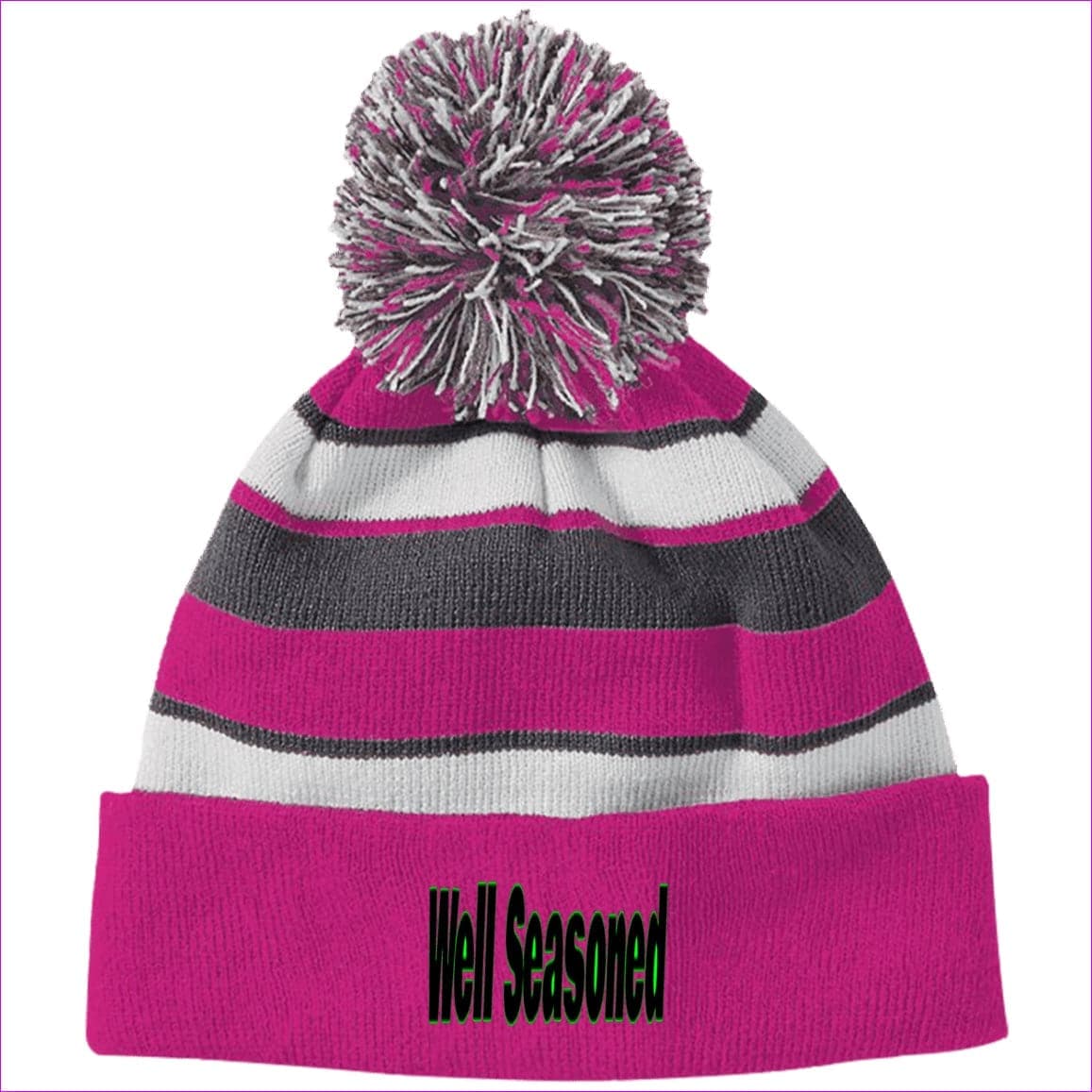 Power Pink/White One Size Well Seasoned Embroidered Holloway Striped Beanie with Pom - Hats at TFC&H Co.