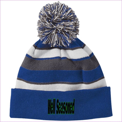 Royal/White One Size Well Seasoned Embroidered Holloway Striped Beanie with Pom - Hats at TFC&H Co.