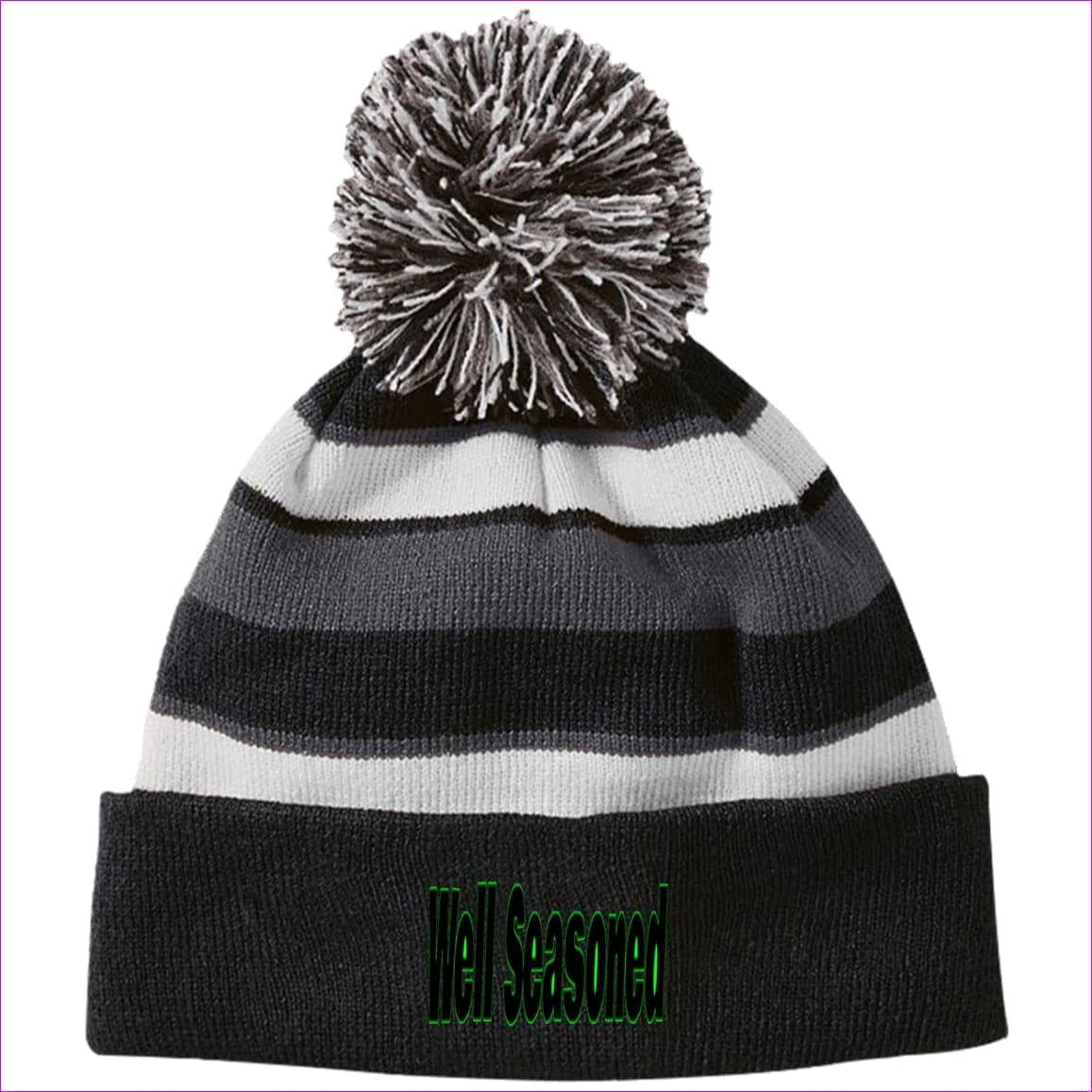 Black/White One Size Well Seasoned Embroidered Holloway Striped Beanie with Pom - Hats at TFC&H Co.