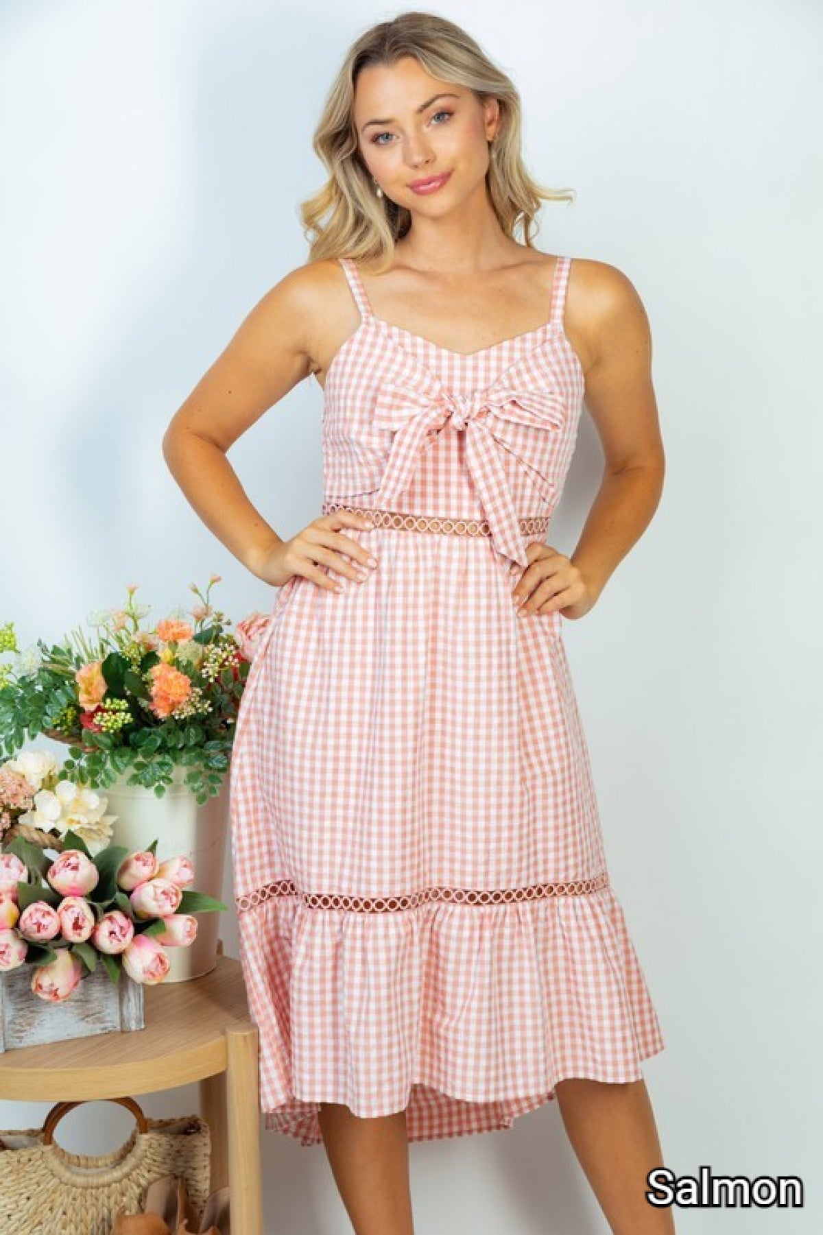SALMON - White Birch Sleeveless Plaid Woven Dress - Ships from The US - Womens Midi Dresses at TFC&H Co.