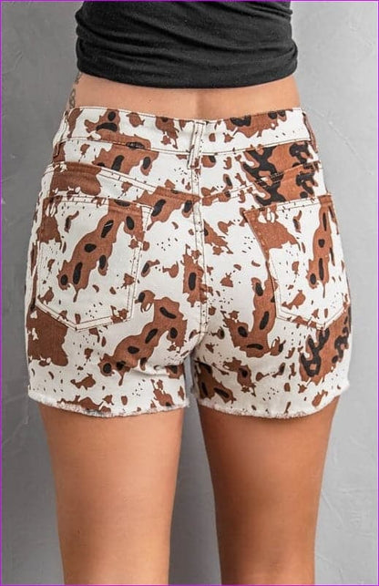 Women's Brown Cow Print Denim Shorts with Pockets - women's denim shorts at TFC&H Co.