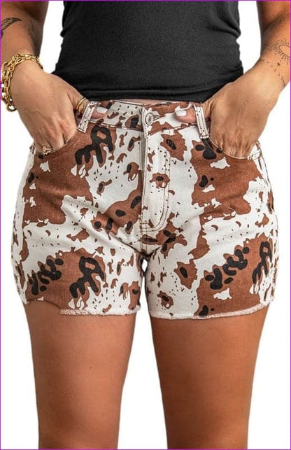 Women's Brown Cow Print Denim Shorts with Pockets - women's denim shorts at TFC&H Co.
