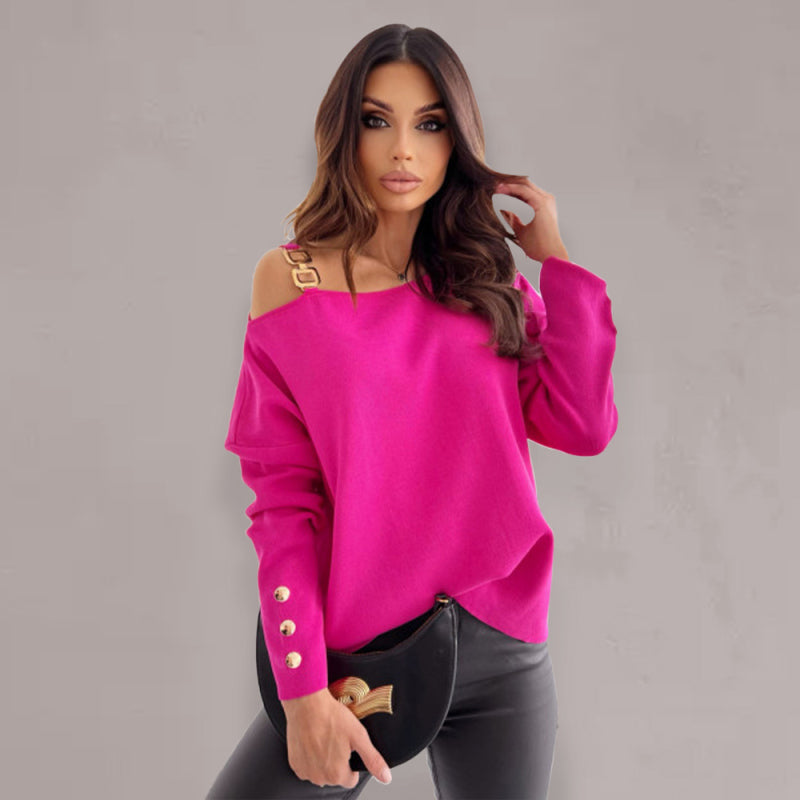 Women’s Chic Solid Color Asymmetric Neckline Embellished Long Sleeves Knit Top - women's shirt at TFC&H Co.