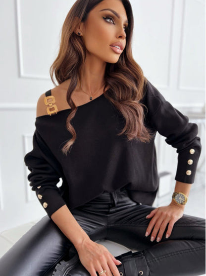 Women’s Chic Solid Color Asymmetric Neckline Embellished Long Sleeves Knit Top - women's shirt at TFC&H Co.