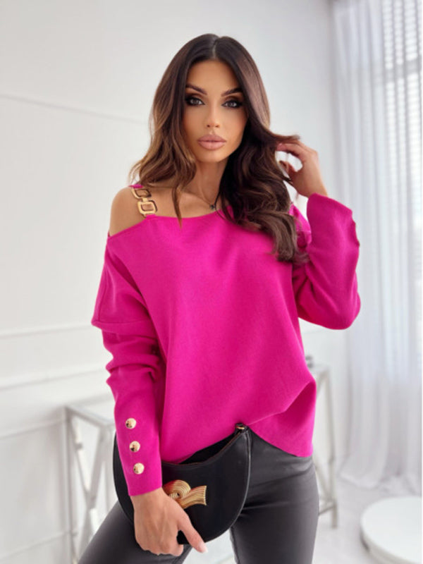 ROSE Women’s Chic Solid Color Asymmetric Neckline Embellished Long Sleeves Knit Top - women's shirt at TFC&H Co.