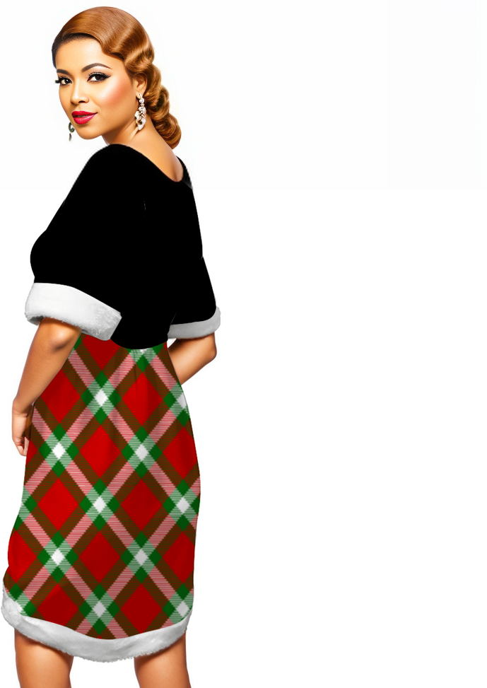 - Women's Half Plaid Faux Fur Short Dress for Christmas - womens dress at TFC&H Co.