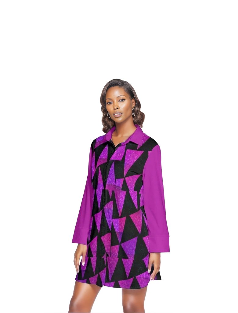 Purple Women's Royal Tri Prism Lapel Shirt Dress With Long Sleeve - women's dress at TFC&H Co.