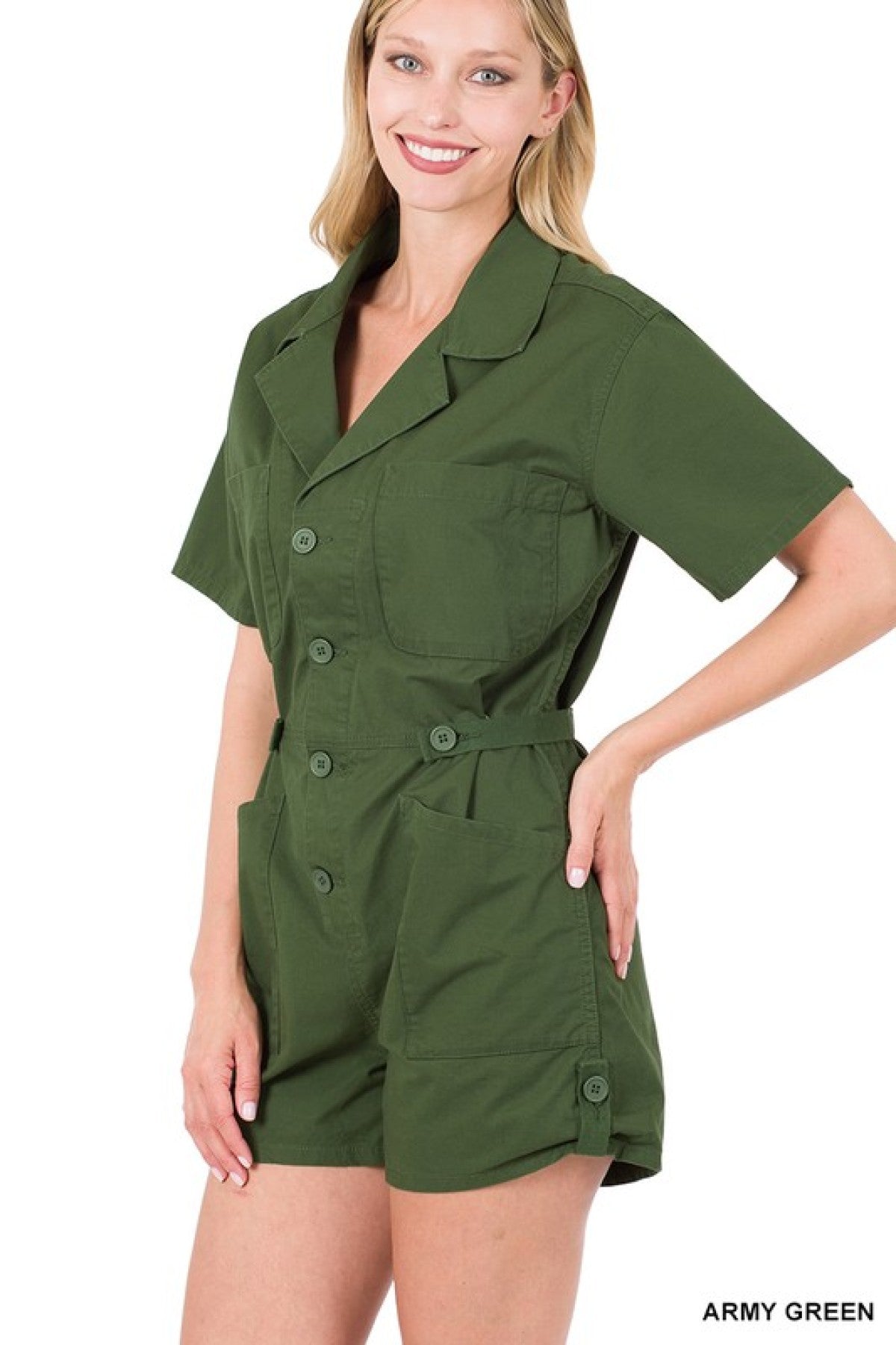 ARMY GREEN - Zenana Woven Cotton Button Front Shirt Romper - Ships from The US - womens rompers at TFC&H Co.