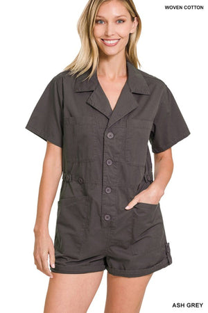 ASH GREY - Zenana Woven Cotton Button Front Shirt Romper - Ships from The US - womens rompers at TFC&H Co.