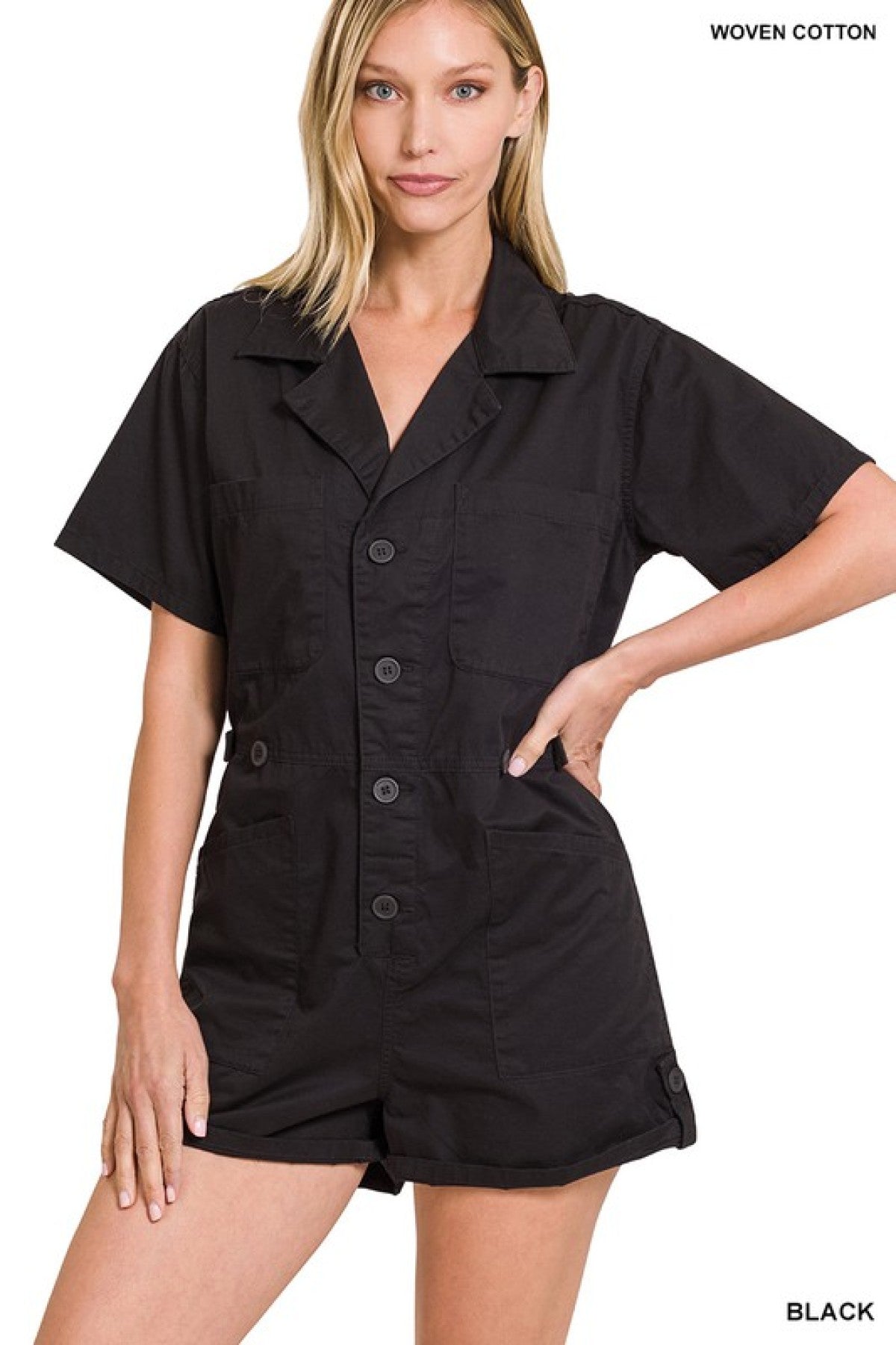 BLACK - Zenana Woven Cotton Button Front Shirt Romper - Ships from The US - womens rompers at TFC&H Co.