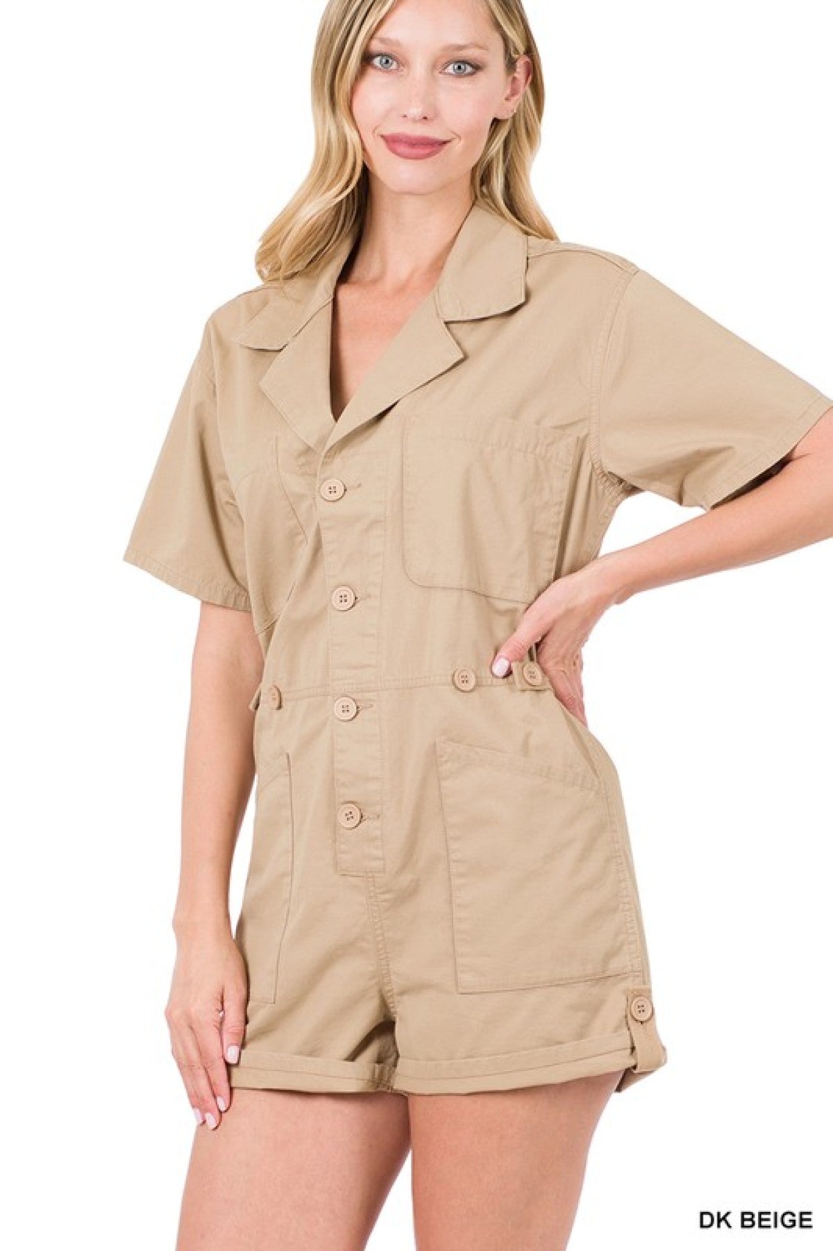 - Zenana Woven Cotton Button Front Shirt Romper - Ships from The US - womens rompers at TFC&H Co.