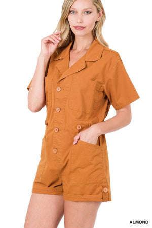 - Zenana Woven Cotton Button Front Shirt Romper - Ships from The US - womens rompers at TFC&H Co.